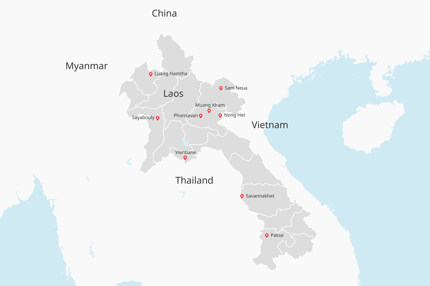 Karte von Laos mit den Einsatzorten des Swiss Laos Hospital Project