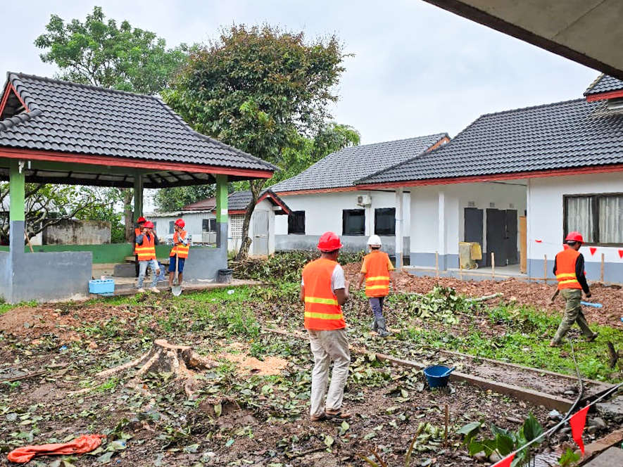 Construction work in the courtyard of a building complex